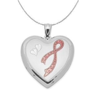 Silver 24mm Breast Cancer Awareness Heart Locket Necklace - 16 In